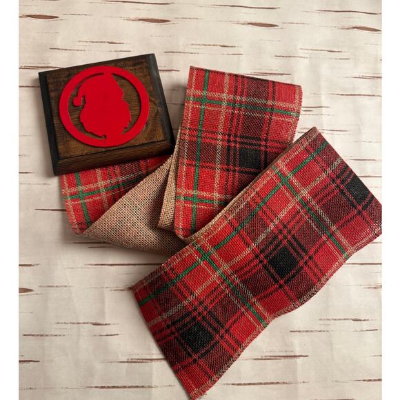 Holiday Christmas Card Holder Red Santa Wooden Topper Plaid Burlap Ribbon - Picture 2 of 4